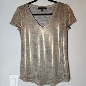 WHBM Gold Metallic Shiny V-Neck Top Stretchy Knit Short Sleeve Tee Shirt XS